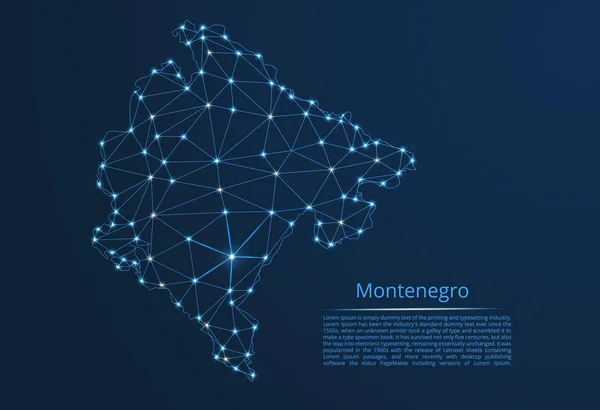 Montenegro kommunikationsnät karta. Vector låg Poly bild av en global karta med ljus i form av städer i eller befolkningstäthet bestående av punkter och former i form av stjärnor och rymden. — Stock vektor