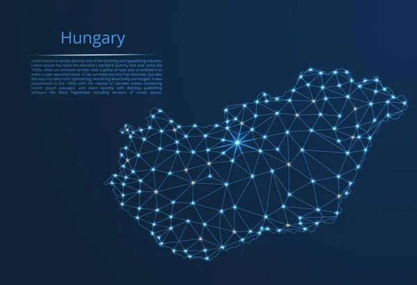 Ungheria mappa della rete di comunicazione. Immagine a basso poli vettoriale di una mappa globale con luci sotto forma di città o densità di popolazione costituita da punti e forme sotto forma di stelle e spazio . — Vettoriale Stock