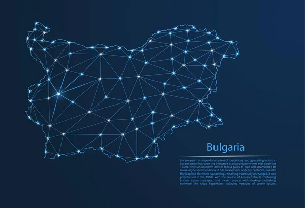 Χάρτης δικτύου επικοινωνίας της Βουλγαρίας. Διάνυσμα χαμηλή πολυ εικόνα ενός παγκόσμιου χάρτη με φώτα σε μορφή πόλεων ή πυκνότητα πληθυσμού που αποτελείται από σημεία και σχήματα με τη μορφή των αστεριών και του χώρου. — Διανυσματικό Αρχείο