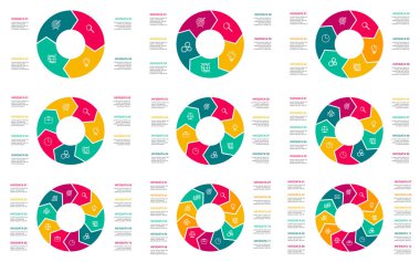 Vektör geometrik bilgi grafiği seti. Döngü diyagramı, grafik veya sunu için şablon. 4, 5, 6, 7, 8, 9, 10, 11, 12 seçenekleri, parçaları, adımları veya süreçleri ile İş kavramı.