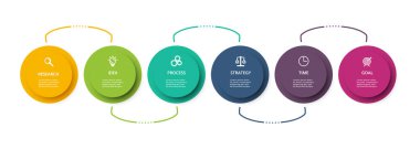 İş verileri görselleştirme. İşlem şeması. Grafik unsurları, 6 basamaklarla diyagram, Seçenekler, parçalar veya süreçler. Sunum için vektör iş şablonu. İnfografik için yaratıcı konsept