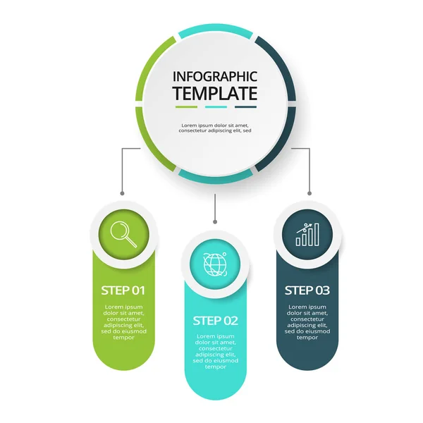 Modello infografico a 3 passaggi. Infografica concetto di business può essere utilizzato per il layout del flusso di lavoro, diagramma, opzioni di numero, progresso, timeline — Vettoriale Stock