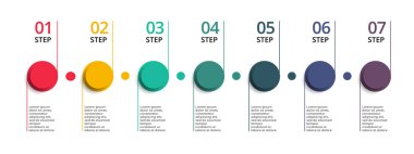 Zaman çizelgesi infographics tasarım vektör ve pazarlama simgeleri iş akışı düzeni, diyagram, yıllık rapor, web tasarımı için kullanılabilir. 7 seçenek, adım veya süreçle iş konsepti