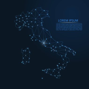 İtalya Cumhuriyeti iletişim ağı haritası. Şehirler şeklinde ışıklar ile küresel bir harita vektör düşük poli görüntü