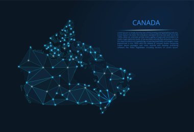 Kanada ağının haritası. Yıldız şeklinde şekillerden oluşan şehirlerin nüfus yoğunluğu şeklinde ışıklar ile küresel bir harita vektör düşük poli görüntü
