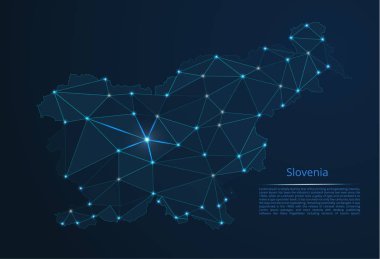 Slovenya ağının haritası. Yıldız şeklinde şekillerden oluşan şehirlerin nüfus yoğunluğu şeklinde ışıklar ile küresel bir harita vektör düşük poli görüntü