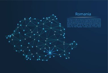 Romanya iletişim ağı haritası. Işıklı küresel haritanın vektör düşük poli görüntüsü