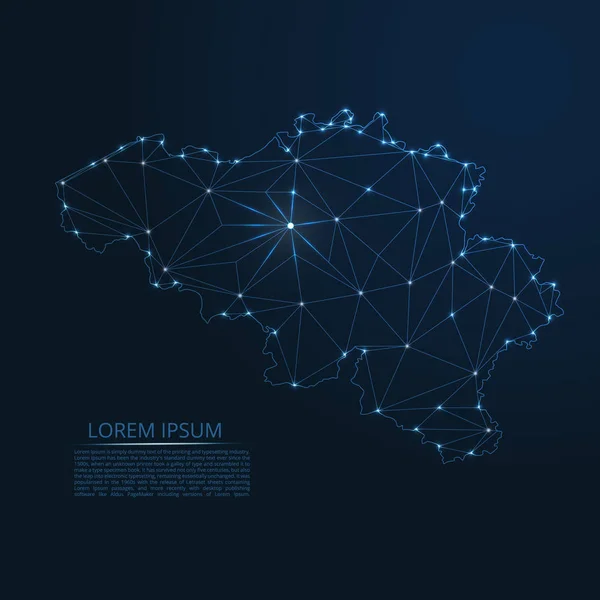 Belgio mappa della rete di comunicazione. Immagine a basso poli vettoriale di una mappa globale con luci sotto forma di città — Vettoriale Stock