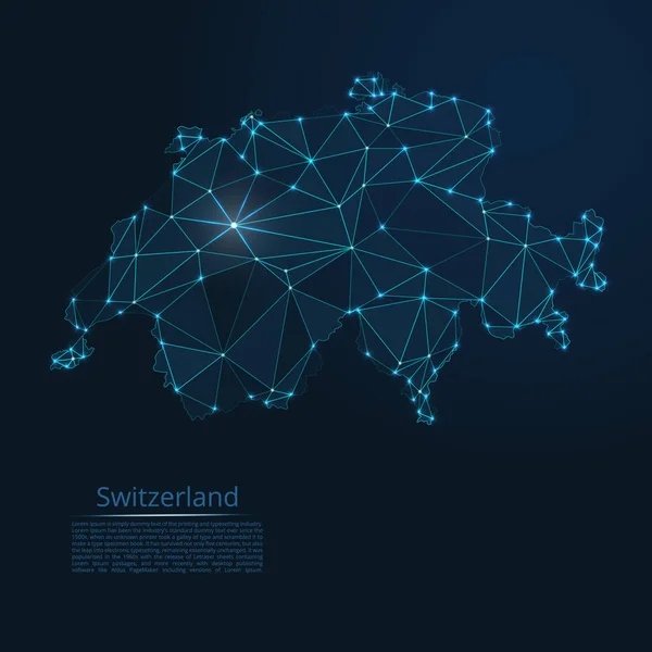 İsviçre iletişim ağ haritası. Vektör düşük Poli görüntü oluşan puan ve yıldız ve alanı şeklinde şekiller nüfus yoğunluğu şehirlerde şeklinde ışıkları ile küresel bir Haritası. — Stok Vektör