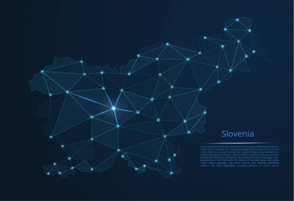 Mapa sieci Słowenii. Wektor Low-Poly obraz globalnej mapie ze światłami w postaci gęstości zaludnienia miast składających się z kształtów w postaci gwiazd — Wektor stockowy