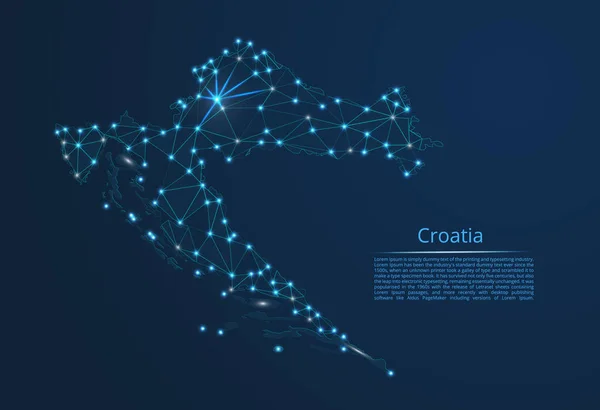 Croacia mapa de la red de comunicación. Vector de baja polivinílico imagen de un mapa global con luces — Archivo Imágenes Vectoriales
