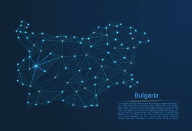 Bulgaristan iletişim ağı haritası. Şehirler şeklinde ışıklar ile küresel bir harita vektör düşük poli görüntü