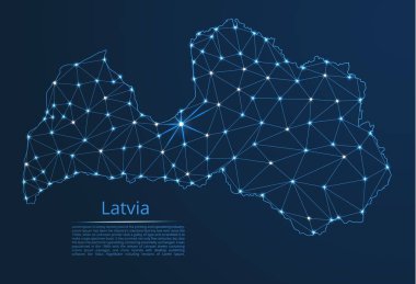 Letonya iletişim ağı haritası. Şehirler şeklinde ışıklar ile küresel bir harita vektör düşük poli görüntü