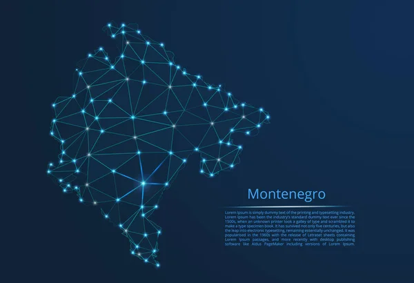 Mapa de la red de comunicación Montenegro. Vector de baja polivinílico imagen de un mapa global con luces — Archivo Imágenes Vectoriales