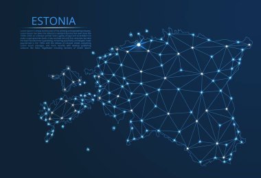 Estonya iletişim ağı haritası. Yıldızlar ve uzay şeklinde nokta ve şekillerden oluşan şehirler veya nüfus yoğunluğu şeklinde ışıklar ile küresel bir harita vektör düşük poli görüntü.