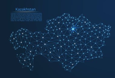 Kazakistan iletişim ağı haritası. Yıldızlar ve uzay şeklinde nokta ve şekillerden oluşan şehirler veya nüfus yoğunluğu şeklinde ışıklar ile küresel bir harita vektör düşük poli görüntü.