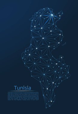 Tunus iletişim ağı haritası. Yıldızlar ve uzay şeklinde nokta ve şekillerden oluşan şehirler veya nüfus yoğunluğu şeklinde ışıklar ile küresel bir harita vektör düşük poli görüntü.