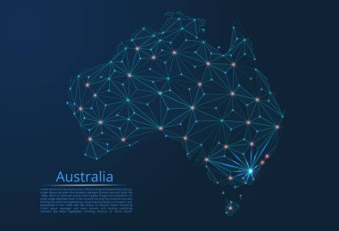 Avustralya iletişim ağı haritası. Yıldızlar ve uzay şeklinde nokta ve şekillerden oluşan şehirler veya nüfus yoğunluğu şeklinde ışıklar ile küresel bir harita vektör düşük poli görüntü.