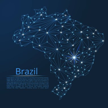 Brezilya iletişim ağı haritası. Yıldızlar ve uzay şeklinde nokta ve şekillerden oluşan şehirler veya nüfus yoğunluğu şeklinde ışıklar ile küresel bir harita vektör düşük poli görüntü.