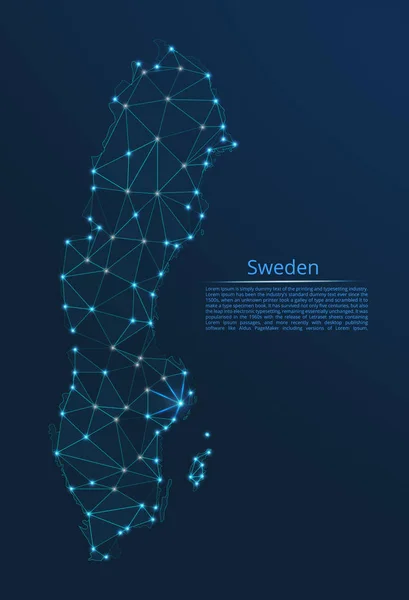 Suède carte du réseau de communication. Vecteur low poly image d'une carte globale avec des lumières sous forme de villes ou de densité de population composée de points et de formes sous forme d'étoiles et d'espace . — Image vectorielle