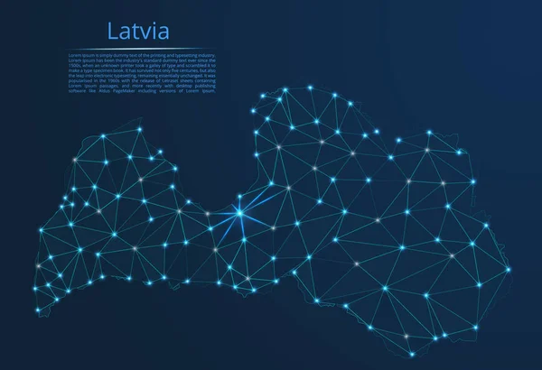 Mapa de la red de comunicación Letonia. Vector de baja polivinílico imagen de un mapa global con luces en forma de ciudades — Archivo Imágenes Vectoriales