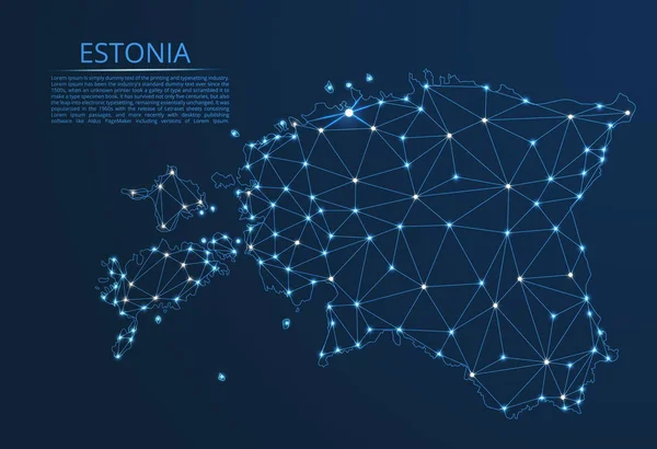 Mapa de la red de comunicación Estonia. Vector de baja polivinílico imagen de un mapa global con luces en forma de ciudades o densidad de población que consiste en puntos y formas en forma de estrellas y el espacio . — Archivo Imágenes Vectoriales