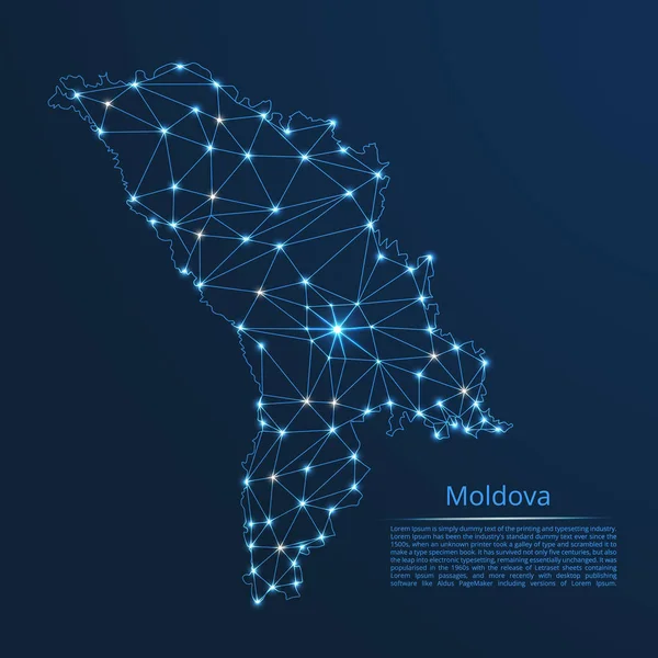 Mapa de la red de comunicación de Moldova. Vector de baja polivinílico imagen de un mapa global con luces en forma de ciudades — Archivo Imágenes Vectoriales