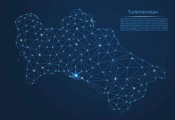 Turkmenistán mapa de la red de comunicación. Vector de baja polivinílico imagen de un mapa global con luces en forma de ciudades o densidad de población que consiste en puntos y formas en forma de estrellas y el espacio . — Archivo Imágenes Vectoriales