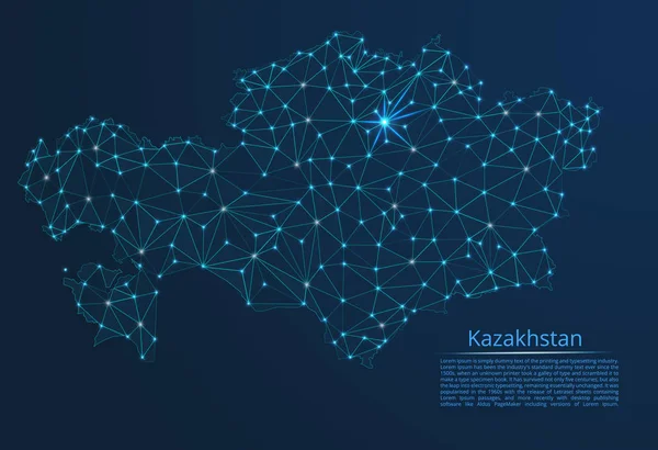 Kazakistan iletişim ağı haritası. Yıldızlar ve uzay şeklinde nokta ve şekillerden oluşan şehirler veya nüfus yoğunluğu şeklinde ışıklar ile küresel bir harita vektör düşük poli görüntü. — Stok Vektör