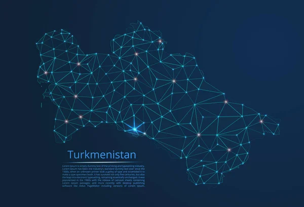 Türkmenistan iletişim ağı haritası. Yıldızlar ve uzay şeklinde nokta ve şekillerden oluşan şehirler veya nüfus yoğunluğu şeklinde ışıklar ile küresel bir harita vektör düşük poli görüntü. — Stok Vektör