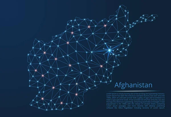 Carte du réseau de communication Afghanistan. Vecteur low poly image d'une carte globale avec des lumières sous forme de villes ou de densité de population composée de points et de formes sous forme d'étoiles et d'espace . — Image vectorielle