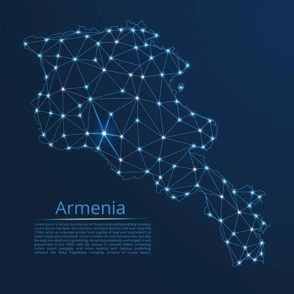 Mapa de la red de comunicación Armenia. Vector de baja polivinílico imagen de un mapa global con luces en forma de ciudades o densidad de población que consiste en puntos y formas en forma de estrellas y el espacio . — Archivo Imágenes Vectoriales