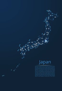 Japonya iletişim ağı haritası. Yıldızlar ve uzay şeklinde nokta ve şekillerden oluşan şehirler veya nüfus yoğunluğu şeklinde ışıklar ile küresel bir harita vektör düşük poli görüntü.