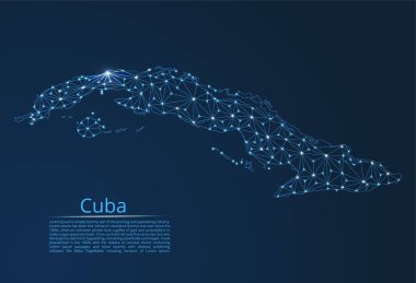 Küba iletişim ağı haritası. Yıldızlar ve uzay şeklinde nokta ve şekillerden oluşan şehirler veya nüfus yoğunluğu şeklinde ışıklar ile küresel bir harita vektör düşük poli görüntü.