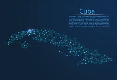 Küba iletişim ağı haritası. Yıldızlar ve uzay şeklinde nokta ve şekillerden oluşan şehirler veya nüfus yoğunluğu şeklinde ışıklar ile küresel bir harita vektör düşük poli görüntü.
