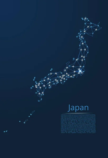 Japon carte du réseau de communication. Vecteur low poly image d'une carte globale avec des lumières sous forme de villes ou de densité de population composée de points et de formes sous forme d'étoiles et d'espace . — Image vectorielle