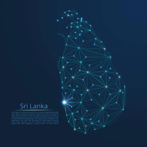 Mapa de la red de comunicación de Sri Lanka. Vector de baja polivinílico imagen de un mapa global con luces en forma de ciudades o densidad de población que consiste en puntos y formas en forma de estrellas y el espacio . — Archivo Imágenes Vectoriales