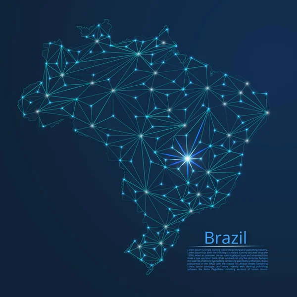 Mapa da rede de comunicação Brasil. Vetor imagem poli baixa de um mapa global com luzes na forma de cidades ou densidade populacional composta por pontos e formas na forma de estrelas e espaço . — Vetor de Stock