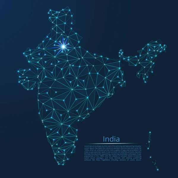 Índia mapa de rede de comunicação. Vetor imagem poli baixa de um mapa global com luzes na forma de cidades ou densidade populacional composta por pontos e formas na forma de estrelas e espaço . — Vetor de Stock