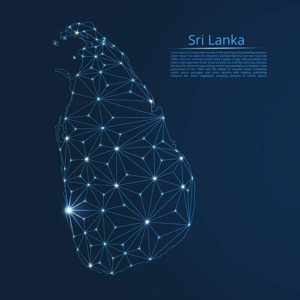 Sri Lanka iletişim ağı haritası. Yıldızlar ve uzay şeklinde nokta ve şekillerden oluşan şehirler veya nüfus yoğunluğu şeklinde ışıklar ile küresel bir harita vektör düşük poli görüntü. — Stok Vektör