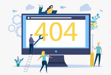 Renkli vektör illüstrasyon, hata 404, internet bağlantısını kesmek, mevcut değil. İnsanlar internet erişimine bağlanır