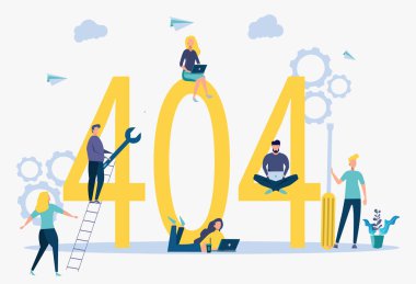 Renkli vektör illüstrasyon, hata 404, internet bağlantısını kesmek, mevcut değil. İnsanlar internet erişimine bağlanır