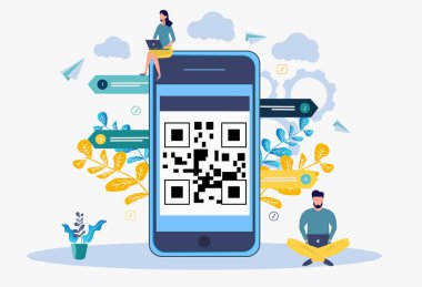 Qr kodunu taz.... İnsanlar bir akıllı telefon üzerinden ödeme için qr-kodu tararlar. Renkli vektör illüstrasyon. Metafor