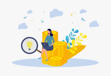 Bir kadın internetten para kazanıyor. Metafor, zengin, başarı, fikir, beceri, eğitim. Renkli Vektör İllüstrasyonu
