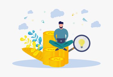 Bir adam internetten para kazanıyor. Metafor, zengin, başarı, fikir, beceri, eğitim. Renkli Vektör İllüstrasyonu