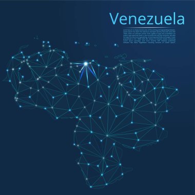 Venezuela iletişim ağı haritası. Yıldızlar ve uzay şeklinde nokta ve şekillerden oluşan şehirler veya nüfus yoğunluğu şeklinde ışıklar ile küresel bir harita vektör düşük poli görüntü.