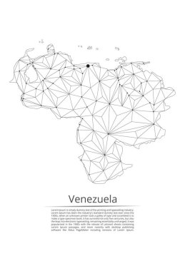 Venezuela iletişim ağı haritası. Noktalar ve şekiller ve uzaydan oluşan şehirler veya nüfus yoğunluğu şeklinde ışıklar ile küresel bir harita vektör düşük poli görüntü. Kolay dolandırıla
