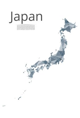 Japonya iletişim ağı haritası. Yıldızlar ve uzay şeklinde nokta ve şekillerden oluşan şehirler veya nüfus yoğunluğu şeklinde ışıklar ile küresel bir harita vektör düşük poli görüntü.