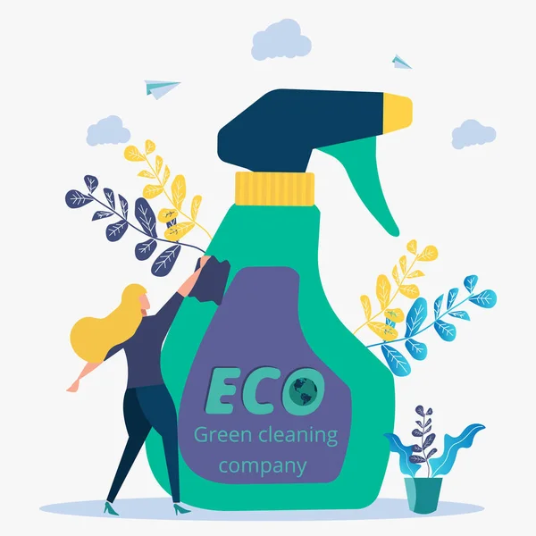 Un employé de l'entreprise est nettoyé à l'aide d'un spray écologique. Green cleaning, une entreprise de nettoyage écologique — Image vectorielle