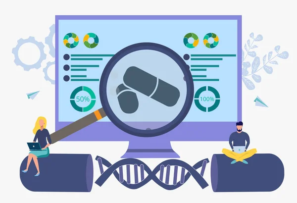 Επιστήμονες σπουδάζουν DNA και γραφικά με μεγεθυντικό φακό σε ένα φορητό υπολογιστή. Βιοτεχνολογία, βιομηχανολογικές έννοιες. Πρότυπο κεφαλίδας — Διανυσματικό Αρχείο